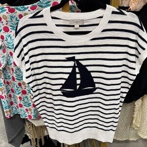 LOFT Navy and White Sailboat Knit Top